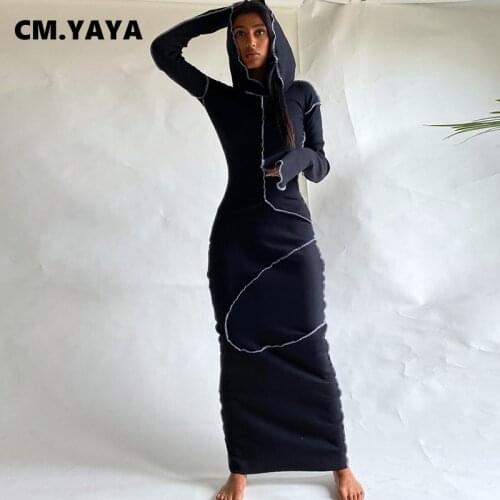 CM.YAYA Bodycon Dress for Women Workout Active Reverse Side Knit Ribbed Hooded Bandage Midi Maxi Long Dresses 2021 Spring Summer