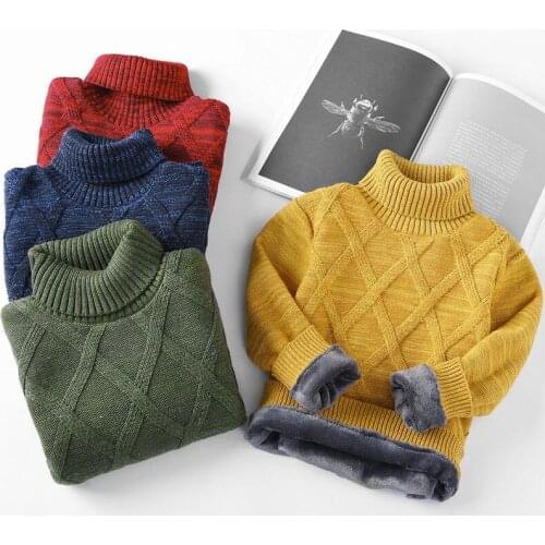2021 Spring Autumn Kids Sweater Fashion Toddler Boys Thick Knitted Bottoming Turtleneck Shirt Plus Velvet Pullover Sweater W326