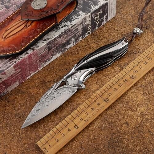 VG10 Damascus Steel Ebony Handle Tactical Outdoor Camping Survival Hunting Self-defense EDC Tool Kitchen Fruit Folding Knife