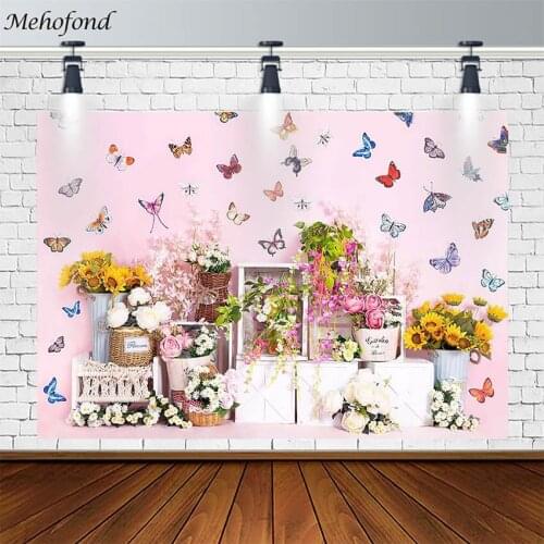 Mehofond Spring Backdrop Birthday Baby Shower Sunflower Butterfly Pink Girl Photography Background Photo Studio Photophone Deco
