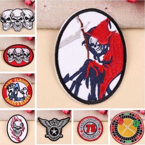 High Quality Fashion Punk Style Skull Embroidered Iron on Patches for Clothing DIY Motif Stripes Clothes Stickers Custom Badges