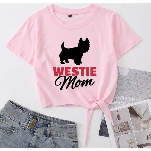 Westie Mom Mama Dog Animal Knotted Crop Top Shirt Womens Summer Short Sleeve Cotton T-Shirt Cropped Tops with Front Tie Knot