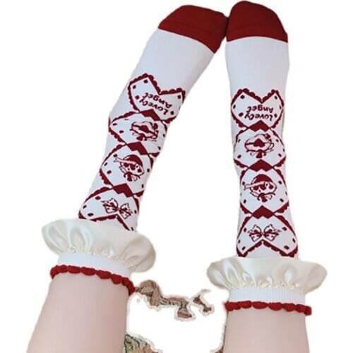 Japanese Women Lolita Socks Heart Strawberry Cotton 100% Ruffles Maid Tube Lolis Stockings Lace Cosplay Sweet Sock Women Access