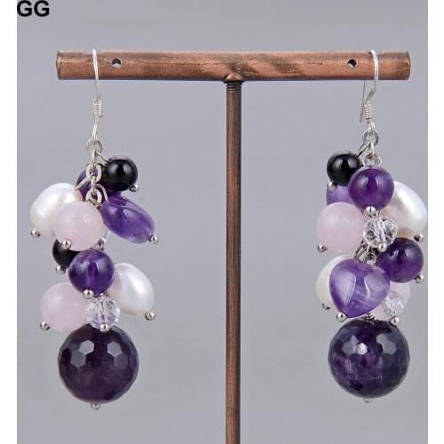 GuaiGuai Jewelry 2.3'' Natural White Pearl Rose Quartz Crystal Purple Amethyst Earrings Handmade For Women