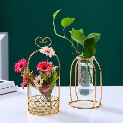 Nordic Style Iron Craft Glass Vases Simple Tabletop Glass Vase Home Decor Metal Golden Frame Flower Plant Pot Stand Ornaments