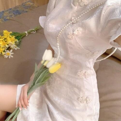 Qipao Chinese Style Retro Solid Color Floral Printing Ruffle Puff Sleeve Slim Sweet Girls Short Dresses Palace Style Cheongsam