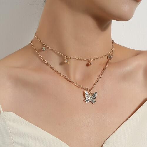 Fashion New Product Full Butterfly Pendant Necklace Women Double Chain Punk Necklace