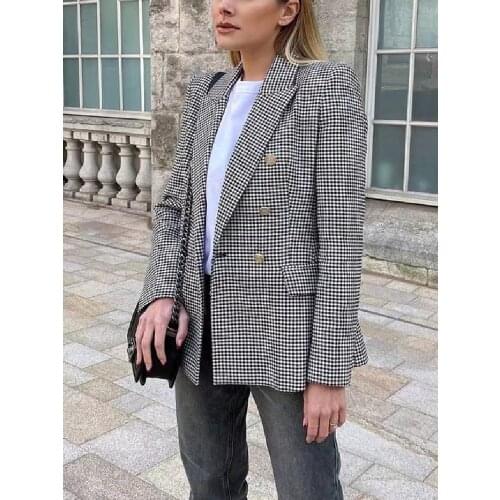 PUWD Vintage Women Pink Long Sleeve Plaid Blazers 2021 Summer Fashion Ladies Chic Double Breasted Outwear Girls Casual Blazer