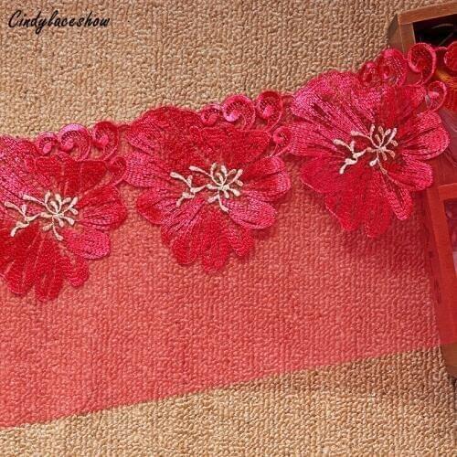 1Meter 17.5cm Wide Handmade Red Black Flower Embroidery Lace Trim Tulle Dolls Dress Hair Clothes DIY Craft Lace Fabric Sewing
