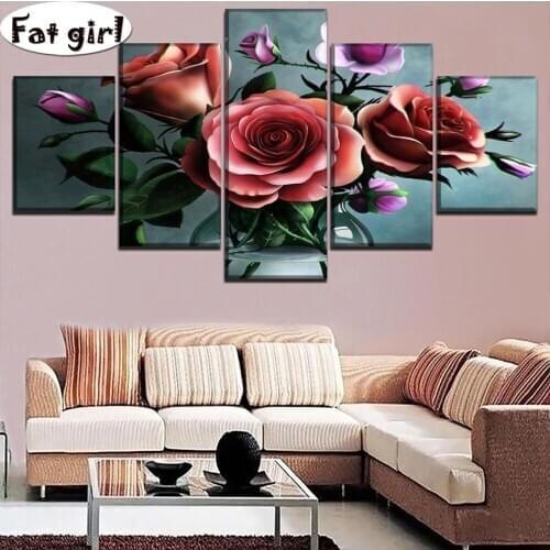 5d DIY diamond painting 5 Panel Rose flower full diamond embroidery mosaic cross stitch Rhinestone diamond home decoration