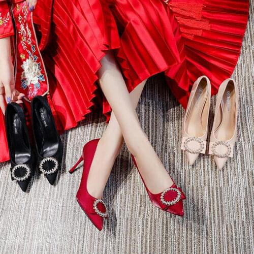 New Fashion Banquet Square Buckle Water Drill Sexy Pointed Shallow Mouth Plus Size Women Shoes
