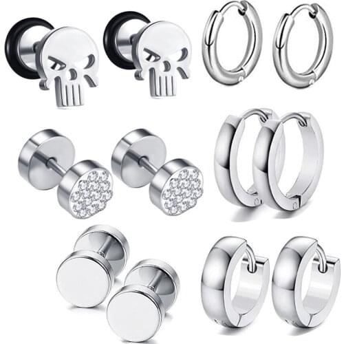 6 Pairs Men Earrings Set Surgical Steel Black Ear Studs Rings Cubic Zirconia Punk Tragus Cartilage Body Piercing Jewelry Gift
