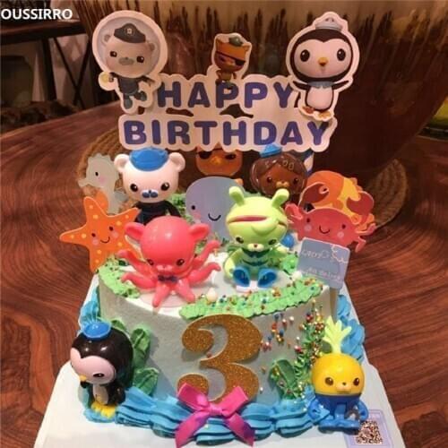 8Pcs / Set Octonauts Action Figures Toys Birthday Gift + Seabed animals (24pcs) cake decoration toppers + 1PC Cake Decor Flag