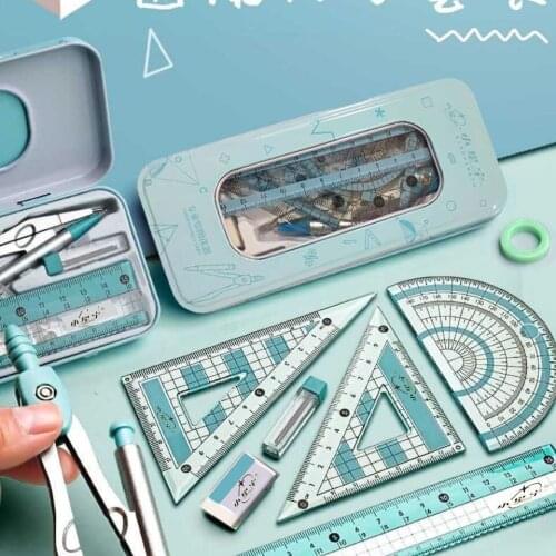 8pcs/set Iron Packaging Compasses Ruler Stationery Set Math Geometry Protractor Drawing Tools Students School Supplies