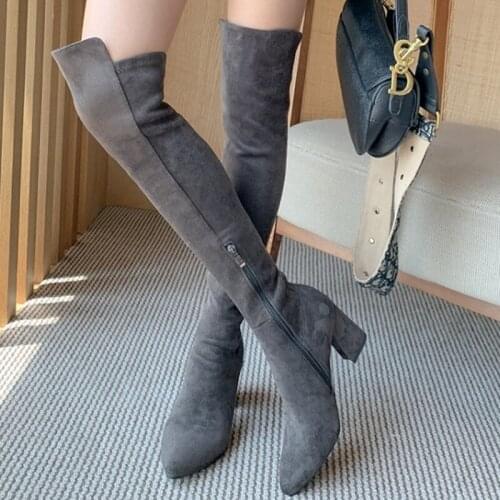 Over Knee Flock Upper Stretch Boots for Ladies Winter Daily Shoes Thigh High Chunky Heel Womens Boots