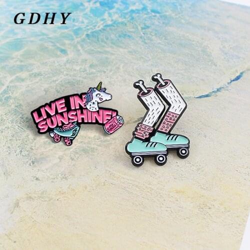 GDHY Brooch Zombie Skeleton Leg Skates Live in sunshine！Rainbow horse Enamel pin Green Roller skates Pink web Badge pins