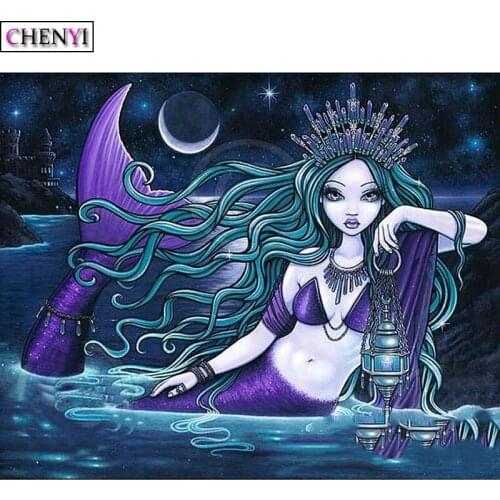 CHENYI 5D Diy Diamond Painting Mermaid Princess Cross Stitch Full Round/Square Diamond Embroidery Cartoon Picture Wall Art Gifts