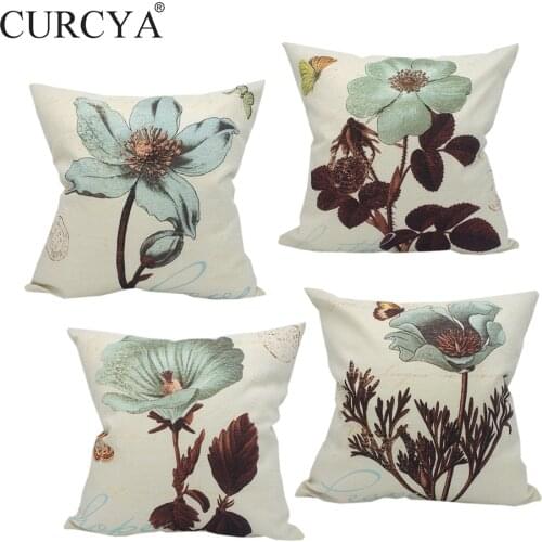 CURCYA Printed Flowers Decorative Cushion Covers Sofa Home Decor Floral Beige Throw Pillow Cover Case 45x45cm