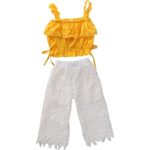 Toddler Baby Kid Girls Straps Outfits Set 2pcs Ruffle Tube Crop Top+Hollow Lace Long Pant Summer Clothes Set 2-6Years