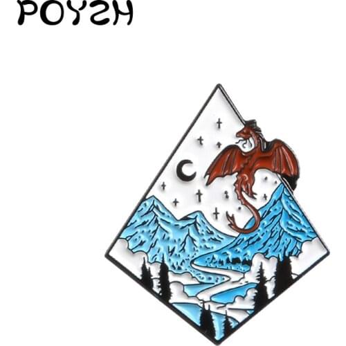 Stars Mountain River Nature Night Views Enamel Brooches rhombus Pterosaur Dragon Lapel Pin Badges Jewelry Gift for Friends