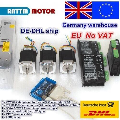 EU free VAT 3 Axis CNC controller kit NEMA23 270oz-in stepper motor & CW5045 driver 256 microstep 4.5A & 350W 36V power supply