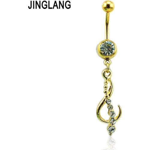 JINGLANG Gold Color Belly Button Rings Stainless Steel Barbells Dangle Crystal Music Navel Piercing For Men Body Jewelry