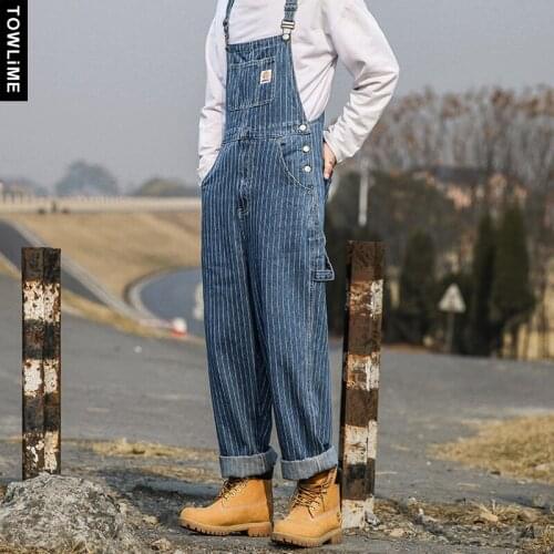 Overalls Men Striped Streetwear Denim Jean Pants Male Casual Full Length Rompers Pocket Cargo Jumpsuit Suspender Trousers Women
