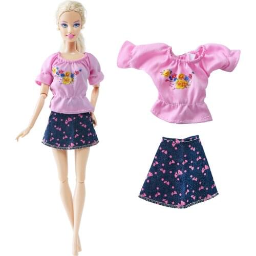 BJDBUS Fashion Doll Dress Pink Shirt Pattern Skirt Daily Party Wear Summer Clothes for Barbie Doll Accessories Baby DIY Toys