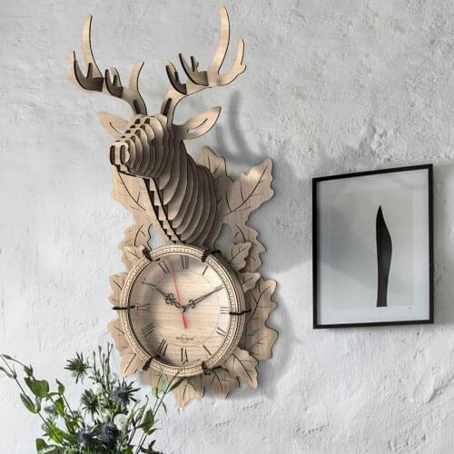 54Pcs DIY Wooden Clock Puzzle Model Kit Laser Cutting 3D Deer Shape Table Clock Model Building Kits- Oak Color