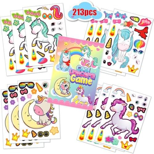 12Sheets/ 213 pcs Unicorn Stickers for Girls Boys DIY Toys Funny Cartoon Make A Face Puzzle Games Kids Stickers Children Gifts
