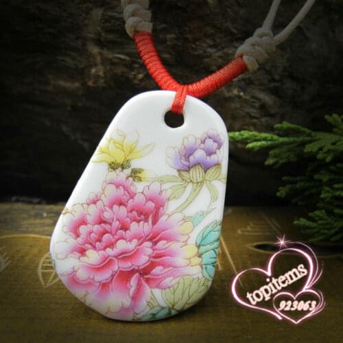 Vivid Peony Flower Painting Ethnic style Handmade Square Ceramic Pendant Adjustable Knitted Rope Necklace For women