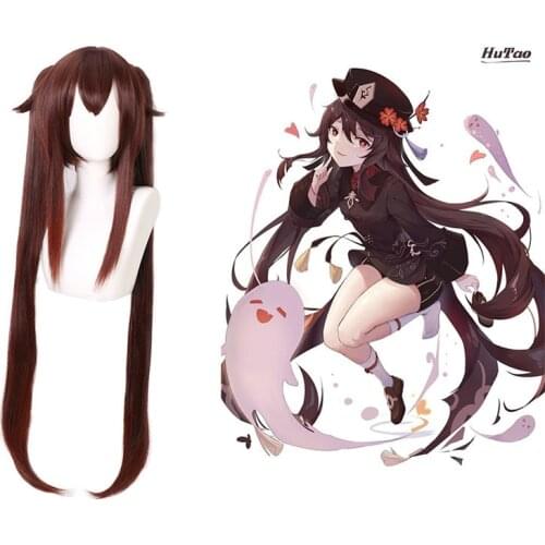 Game Genshin Impact Hutao Cosplay Double Ponytail Split Style Scalp Brown Gradient Reddish Brown COS Anime Wig Long Hair Unsex
