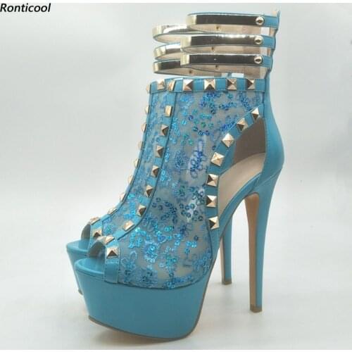 Ronticool Handmade Women Platform Sandals Studded Stiletto Heels Peep Toe Gorgeous Sky-Blue White Wedding Shoes US Size 5-13