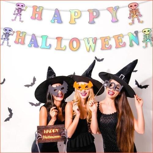 Happy Halloween Silver Color Ribbon Ornaments Home Car Halloween Decoration Holiday Party Banner Festival Gifts