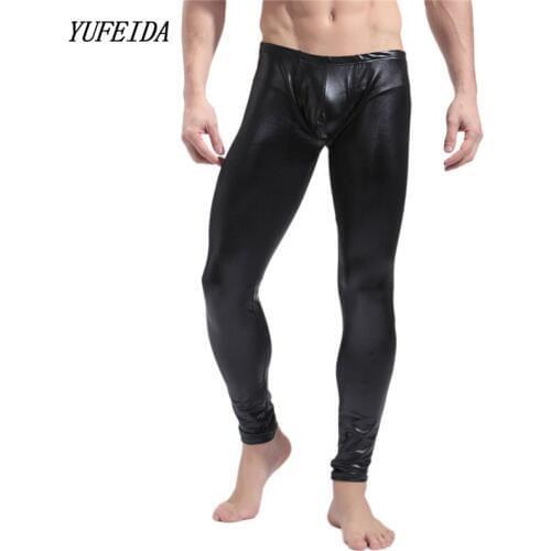 Sexy Men Skinny Faux Leather Muscle Tights Pants Body Shaper Leggings Black Leggins Male Performance Underpants Night Clubwear