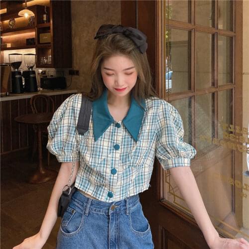 HOUZHOU Korean Style Vintage Plaid Shirt Summer Harajuku Tunic Puff Sleeve Top Girls Kawaii Beautiful Green Chic Women Blouse