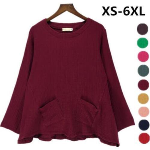 Plus Size XS-5XL/6XL Spring Autumn Cotton Line Long Sleeve Pocket Women Shirts Casual Solid Color Female Tops Big Size 6XL Black