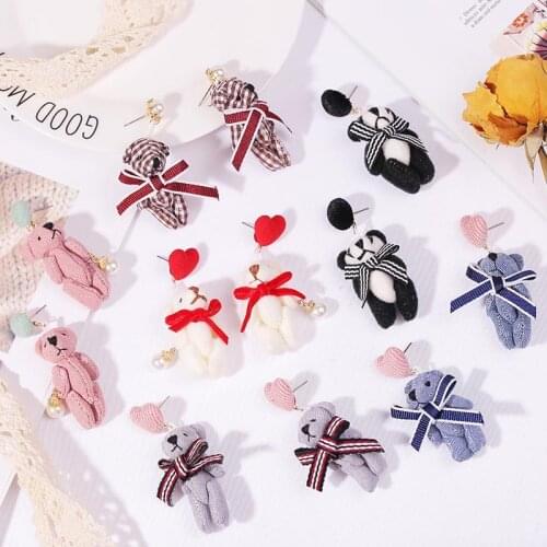 Korean Style Creative Cute Plaid Fabric Plush Bear Drop Earrings For Women 2019 Fashion Handmade Statement Hanging Earring Gifts