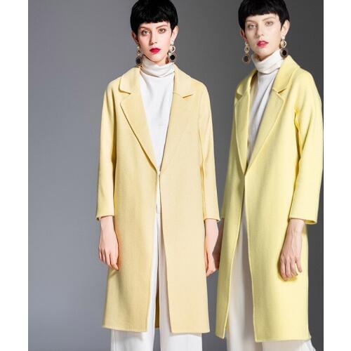 Long woolen blends cashmere coats for women 2019 autumn winter ladies jackets plus size overcoat double sided yellow office