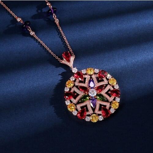 New Fashion Womens cubic zircon colored natural stone Geometric FLOWER pendants necklace Ladies rose gold color party Jewellery