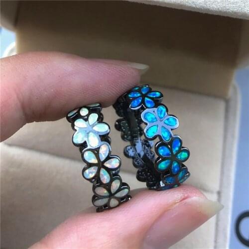 Boho Female Blue White Opal Ring Classic Vintage Black Gold Wedding Ring Luxury Bride Flower Engagement Rings For Women