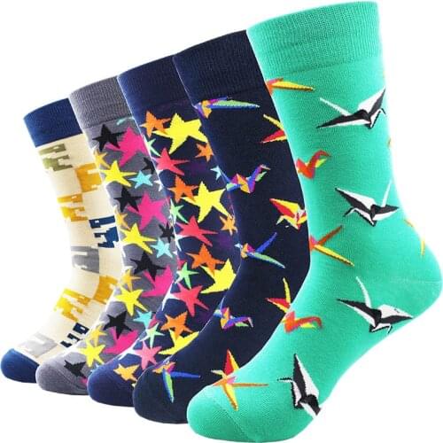 5 Pairs/lot 2018 New Fashion Cotton Mens Socks Harajuku Stars Origami Pattern Long Tube Colorful Happy Colorful Socks Size 39-45