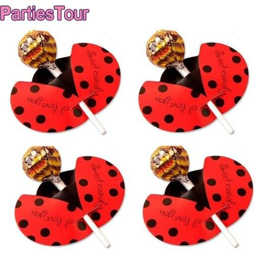 50pcs Ladybug Lollipop Paper Cards Kids Ladybug Theme Brithday Supplies Lollipop Sugar Candy Gift Package Wrapping Decortions