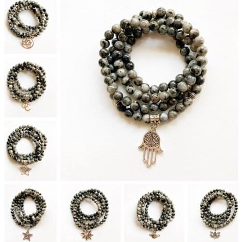 6mm Black Labradorite Stone Mala Necklace 108 Natural Buddha Prayer Beads Necklace Knotted Spiritual Charms Bracelet 1pc