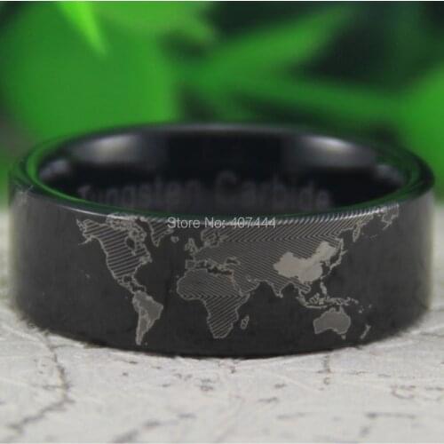 Free Shipping USA UK Canada Russia Brazil Hot Sales 8MM Black Pipe Unique World Map Design New Mens New Tungsten Wedding Ring