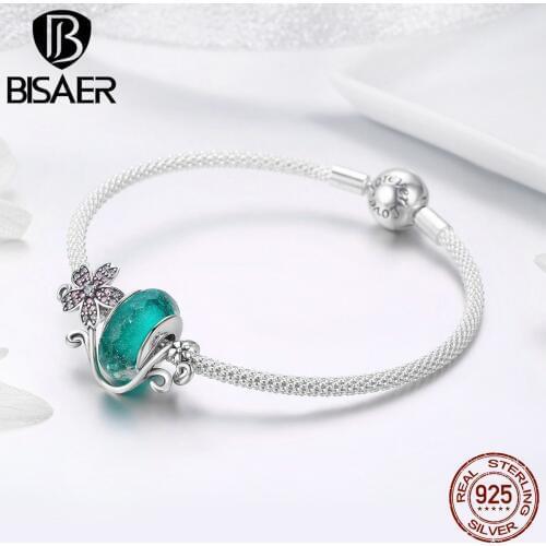 BISAER Simple 925 Sterling Silver Green European Glass Beads Cherry Flower Silver Bracelets Women 925 Silver Jewelry ECB822