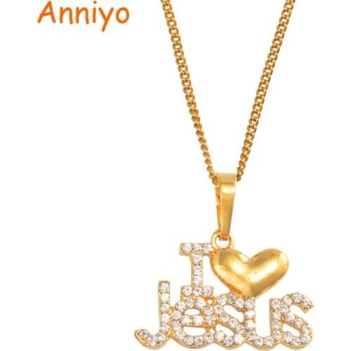 Anniyo Heart I Love Jesus Pendant Chain Neckalces Women Girls Gold Color Rhinestone Christian Religious Ornaments Cross #054306