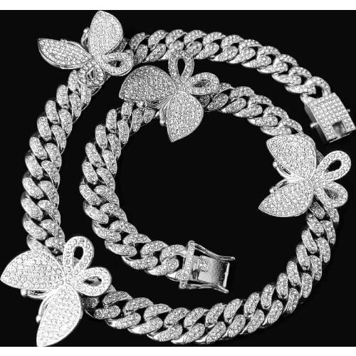 12mm iced out bling cz Miami cuban link chain Butterfly charm choker necklace hip hop rock bling wide cool women Men jewelry