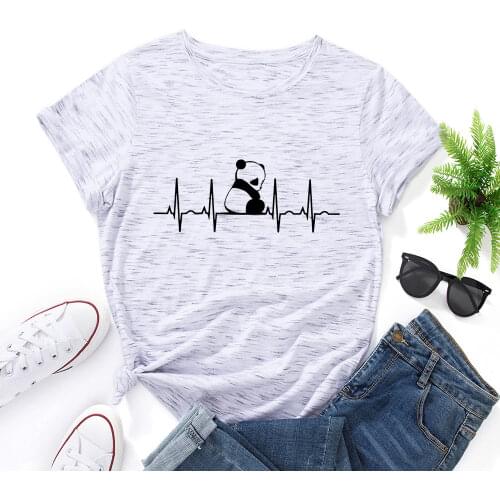 Funny Panda Heartbeat Shirt for Women Cute Panda Bear T-Shirt Animal Lover Female Graphic Tee Summer Cotton Short Sleeve Tops