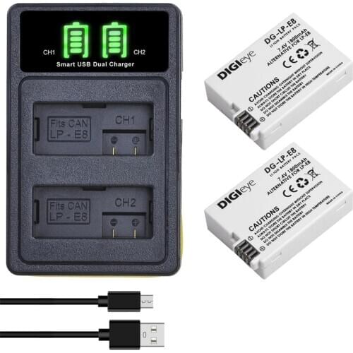 2Pcs LP-E8 LPE8 Battery + LED Dual Charger for Canon Rebel T2i, T3i, T4i, T5i, EOS 550D, 600D, 650D, 700D, Kiss X4, X5, X6, X7i